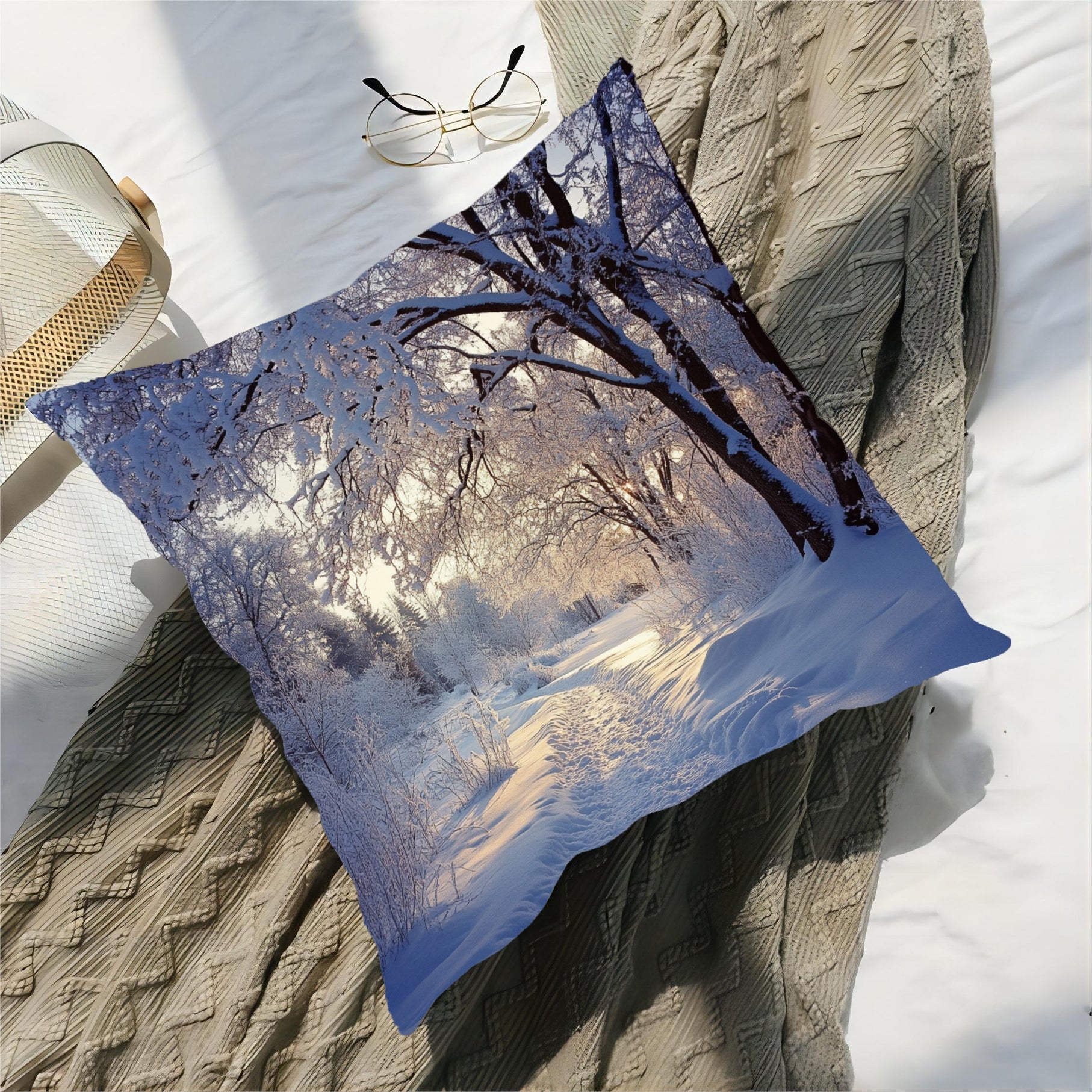 Winter Wonderland Snow Scene Throw Pillow Cover 45.72cm Short Plush Polyester