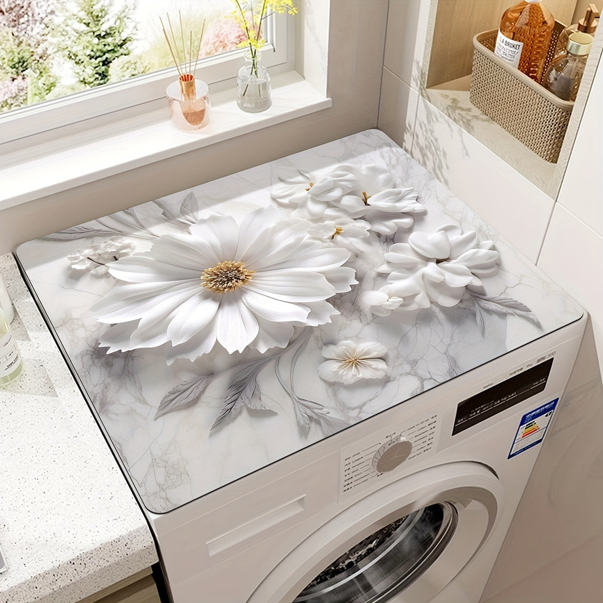 White Floral Print Dust Cover Mat for Microwave Refrigerator Washing Machine 50x60cm