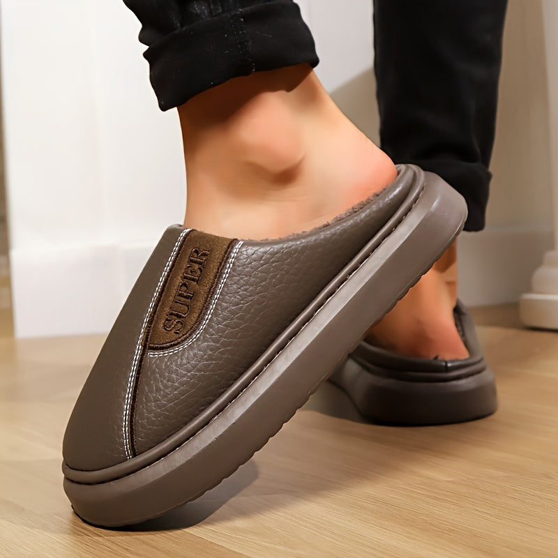 Men's Extra Large Winter Indoor Slippers with Fleece Lining Non-Slip TPR Sole Striped Pattern