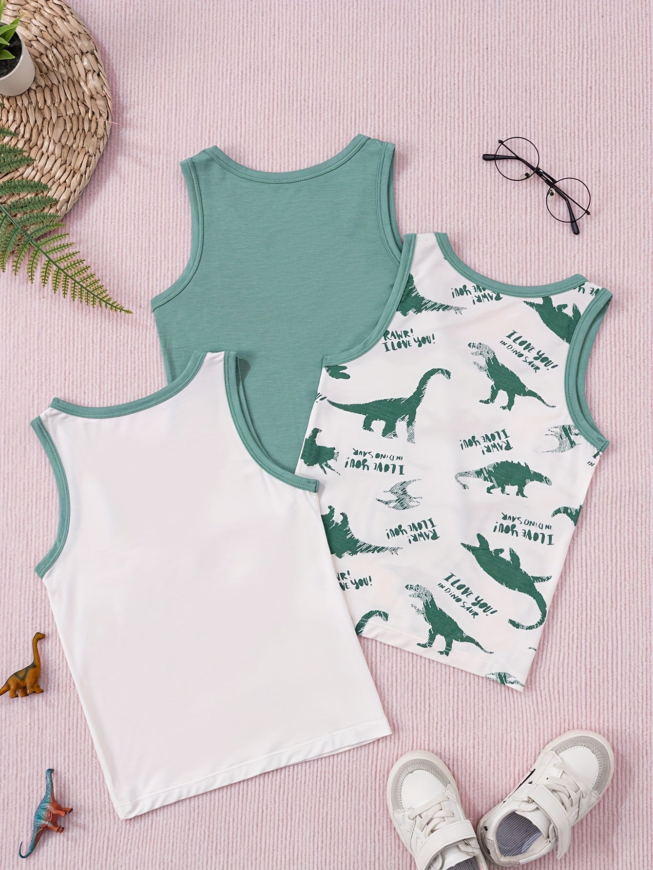 Children's Green Dinosaur Print Vest for Boys Breathable Cotton Skin-Friendly Resistant to Pilling Fading