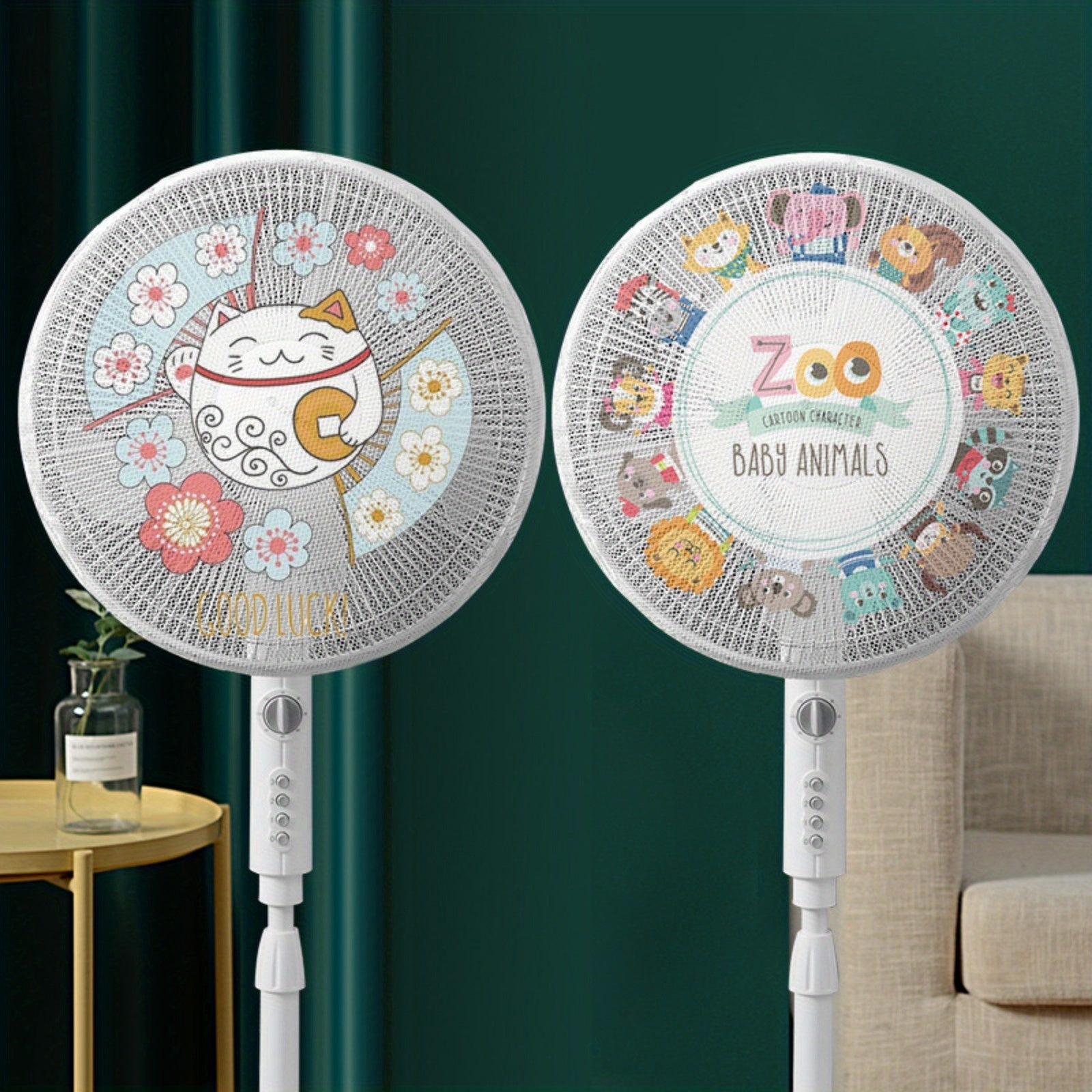 2pcs White Floral and Zoo Animal Fan Dust Covers with Hand Pinch Guard