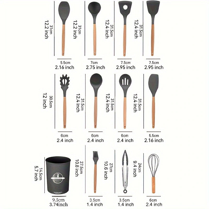 12 ta silikon oshxona asboblari va yog'och tutqichlar bilan to'plam. Ushbu pishirish asboblari to'plami xavfsiz, yopishmaydigan va yuviladigan bo'lib, u sizning oshxona asbob-uskunalari va aksessuarlaringizga zamonaviy va muhim qo'shimcha bo'ladi.