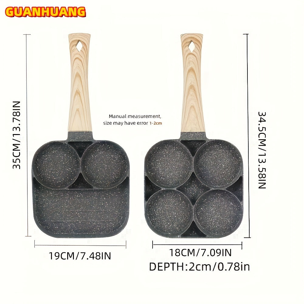 GUANHUANG Qattiqlashmaydigan tuxum va pancake qovurish panosi, yog'och tutqichli, 4-chiqimli pishirgich gaz pechiga va induksiya uchun, tuxum va kolbasa uchun ideal.