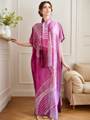 Plus Size Women's Pink Gold Abstract Print Batwing Sleeve Dress with Scarf