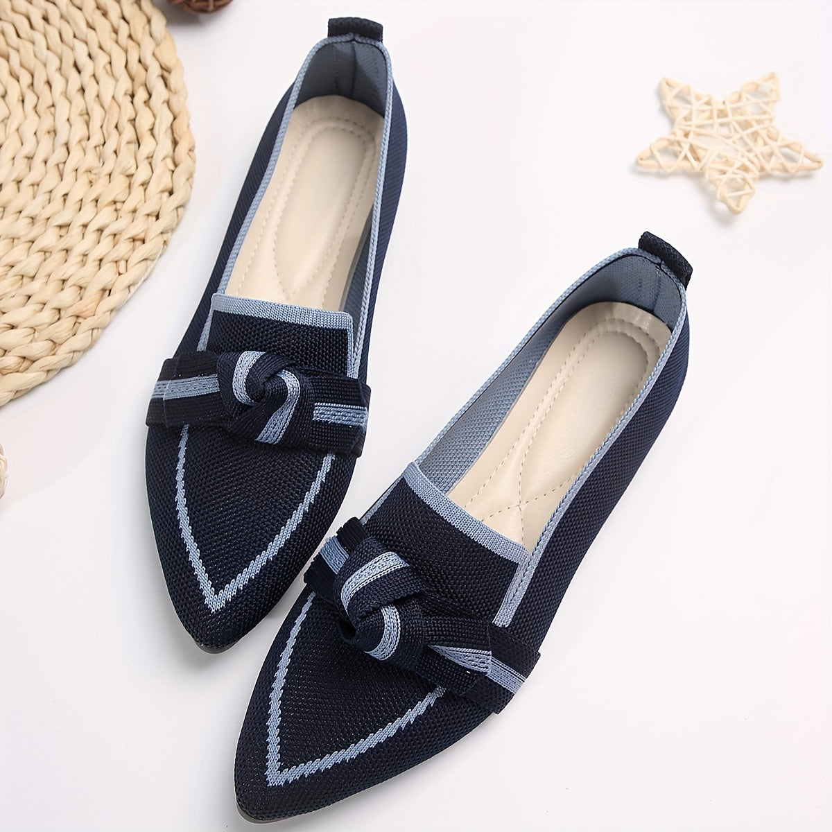 Women's Slip-On Flat Shoes with Knot Design and Pointed Toe for Casual Comfort