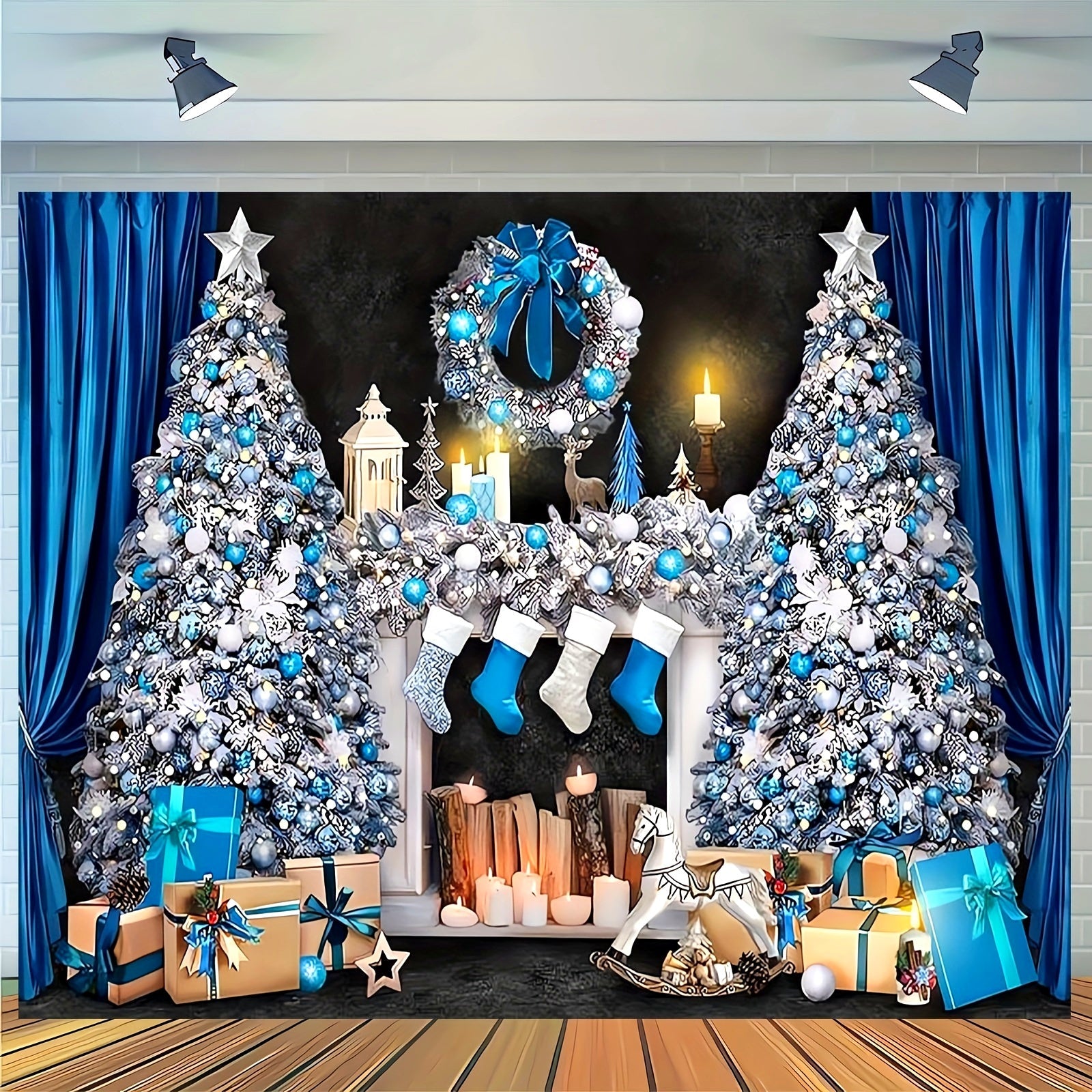 Blue and White Christmas Mantelpiece Scene with Presents and Tree for Holiday Decor