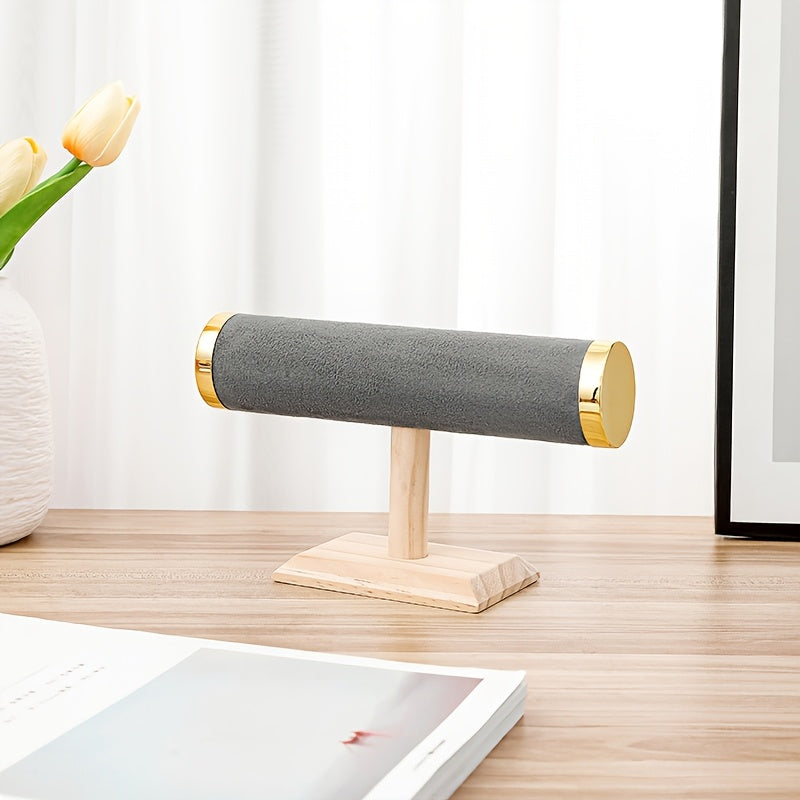 Wood Jewelry Organizer Stand with Velvet Lining and Gold Accents for Necklaces Watches and Bracelets