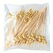 Bamboo Cocktail Picks with Golden Pearls for Fruit Cake Snacks and Appetizers