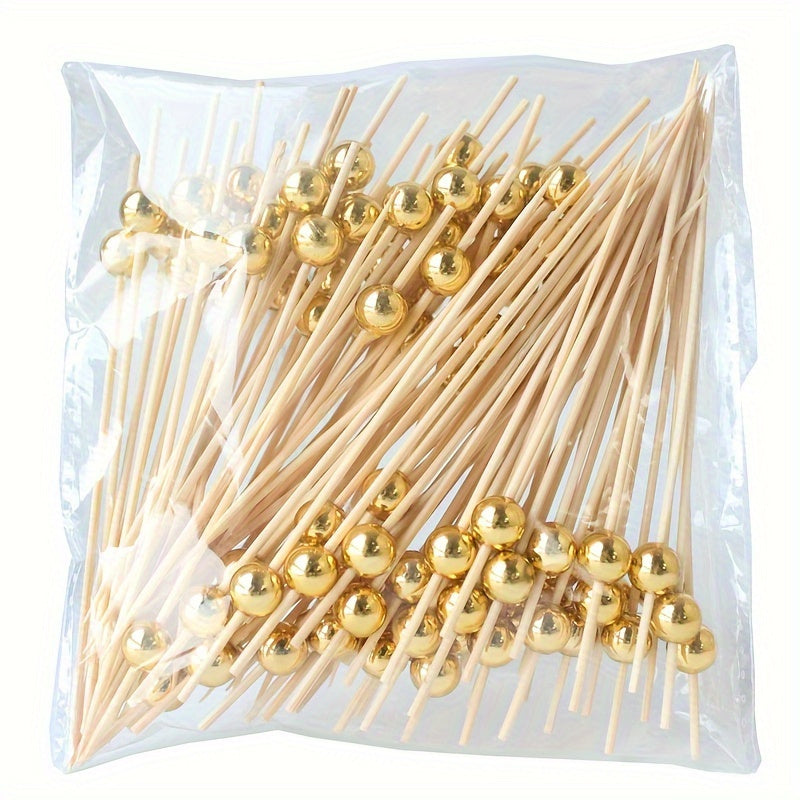 Bamboo Cocktail Picks with Golden Pearls for Fruit Cake Snacks and Appetizers