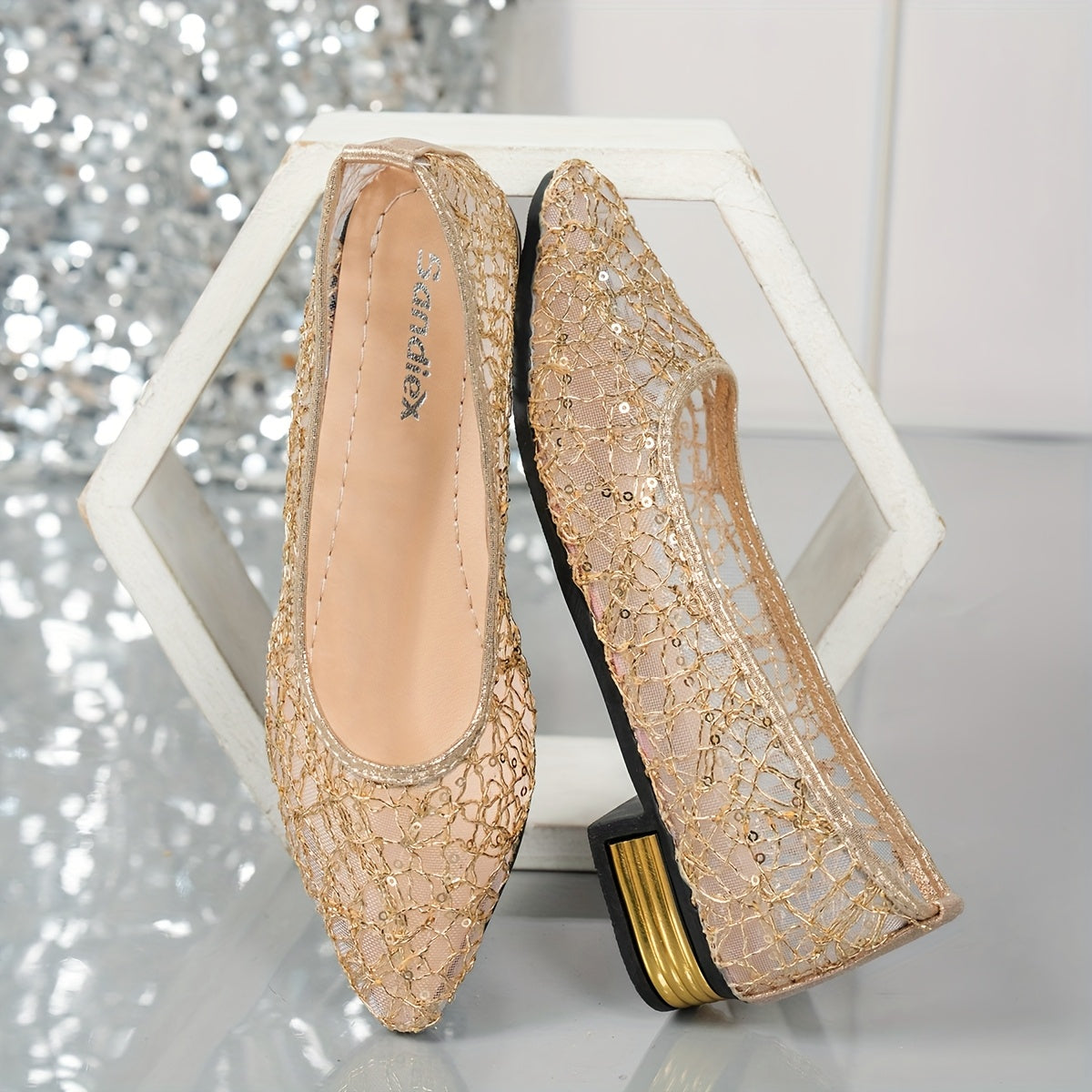 Women's Gold Sequin Slip-On Loafers Breathable Fabric Ankle Strap Low Heel