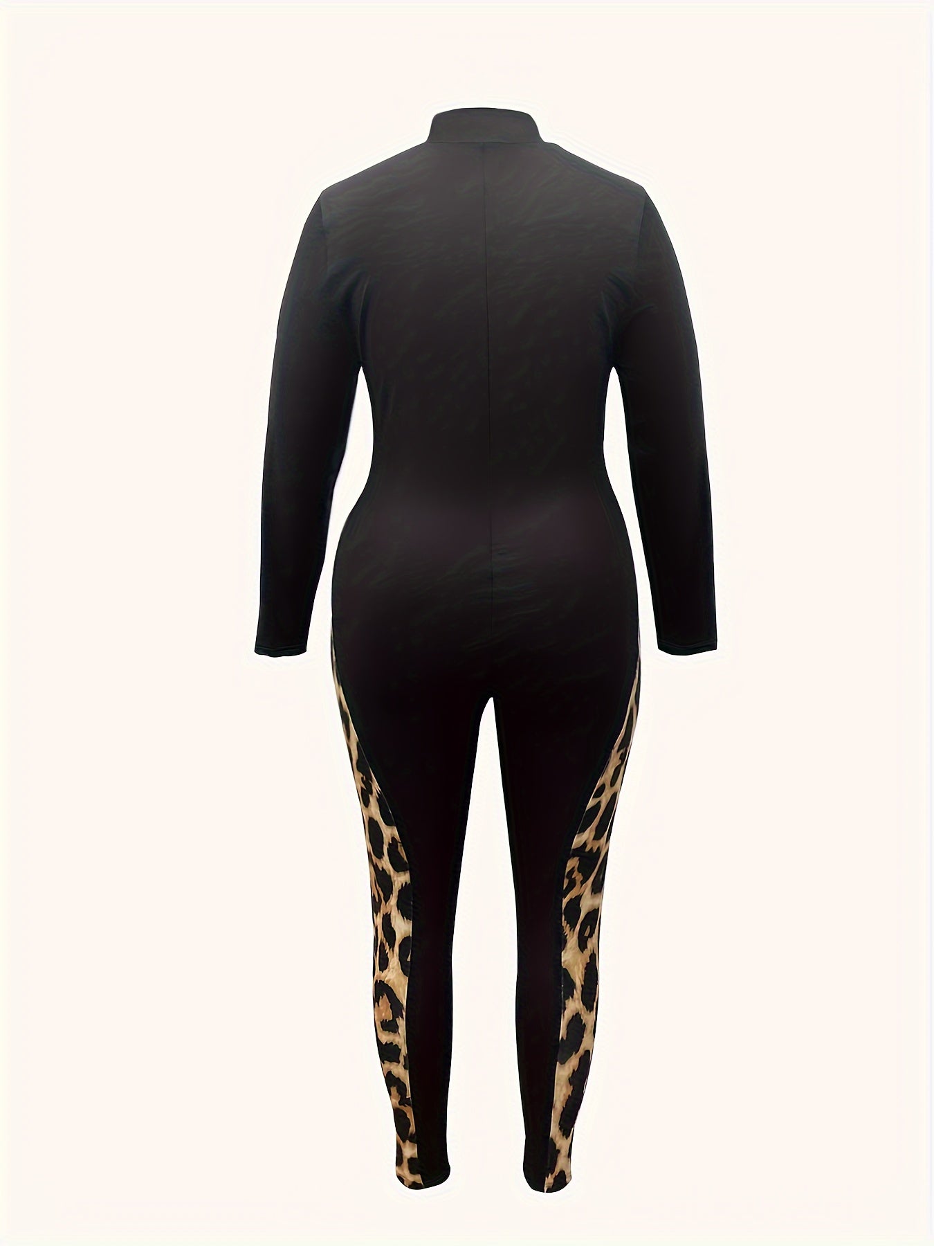 Mono de talla grande con estampado de leopardo, casual, con parche, con cremallera en el cuello