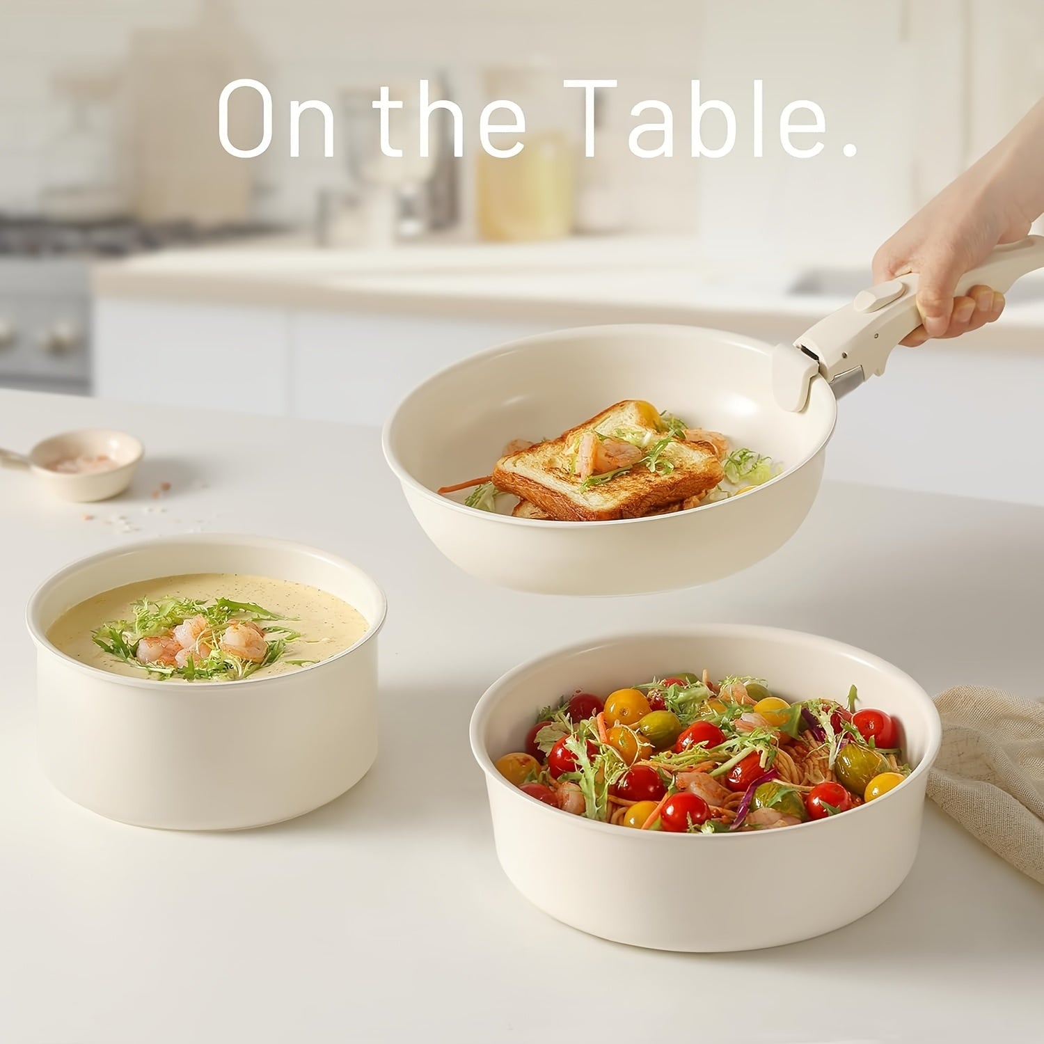 15-Piece Nonstick Cookware Set in Milk White with Detachable Handles, Dishwasher Safe