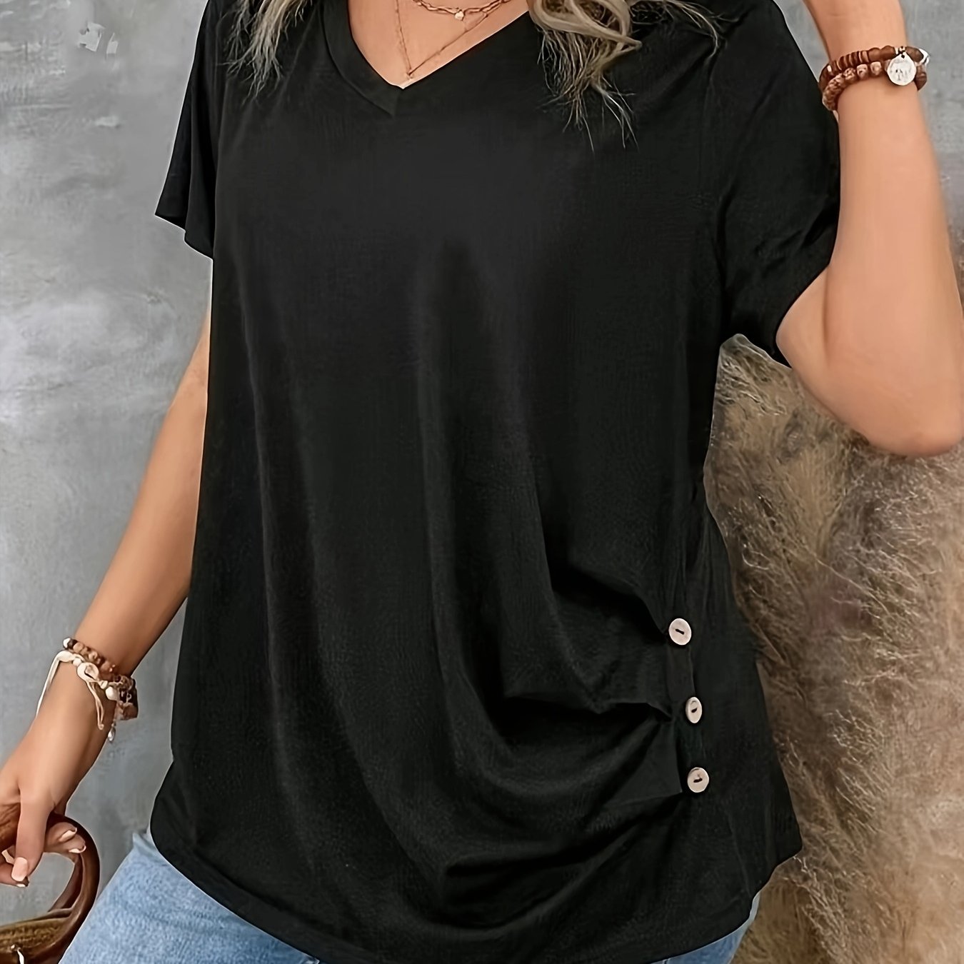 Plus Size Women's V-Neck Button T-Shirt Polyester Casual Short Sleeve