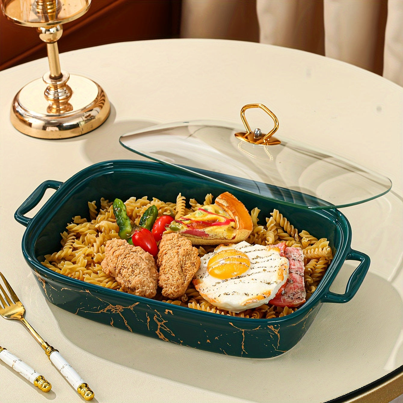 Olla de cerámica con tapa, acabado mármol, detalles en oro, 1 pieza para sopas y guisos