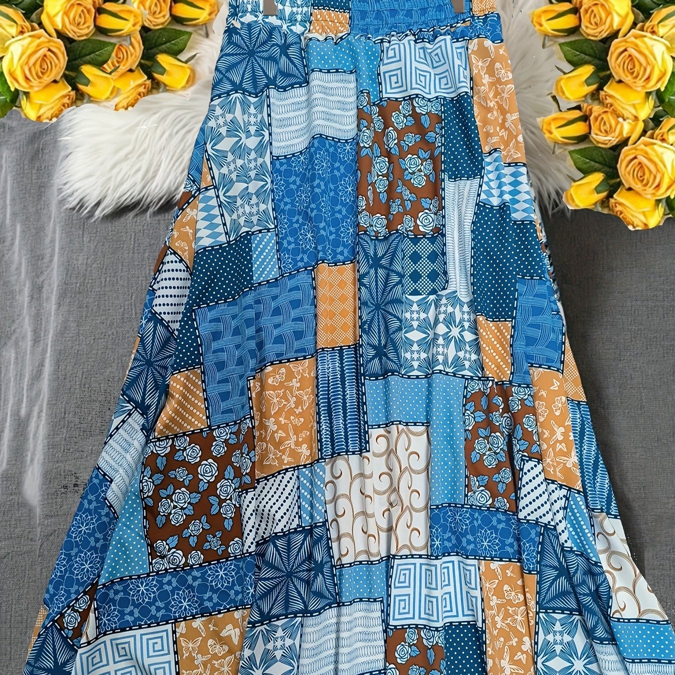 Women's Plus Size Maxi Skirt Elastic Waist Patchwork Flowing Skirt