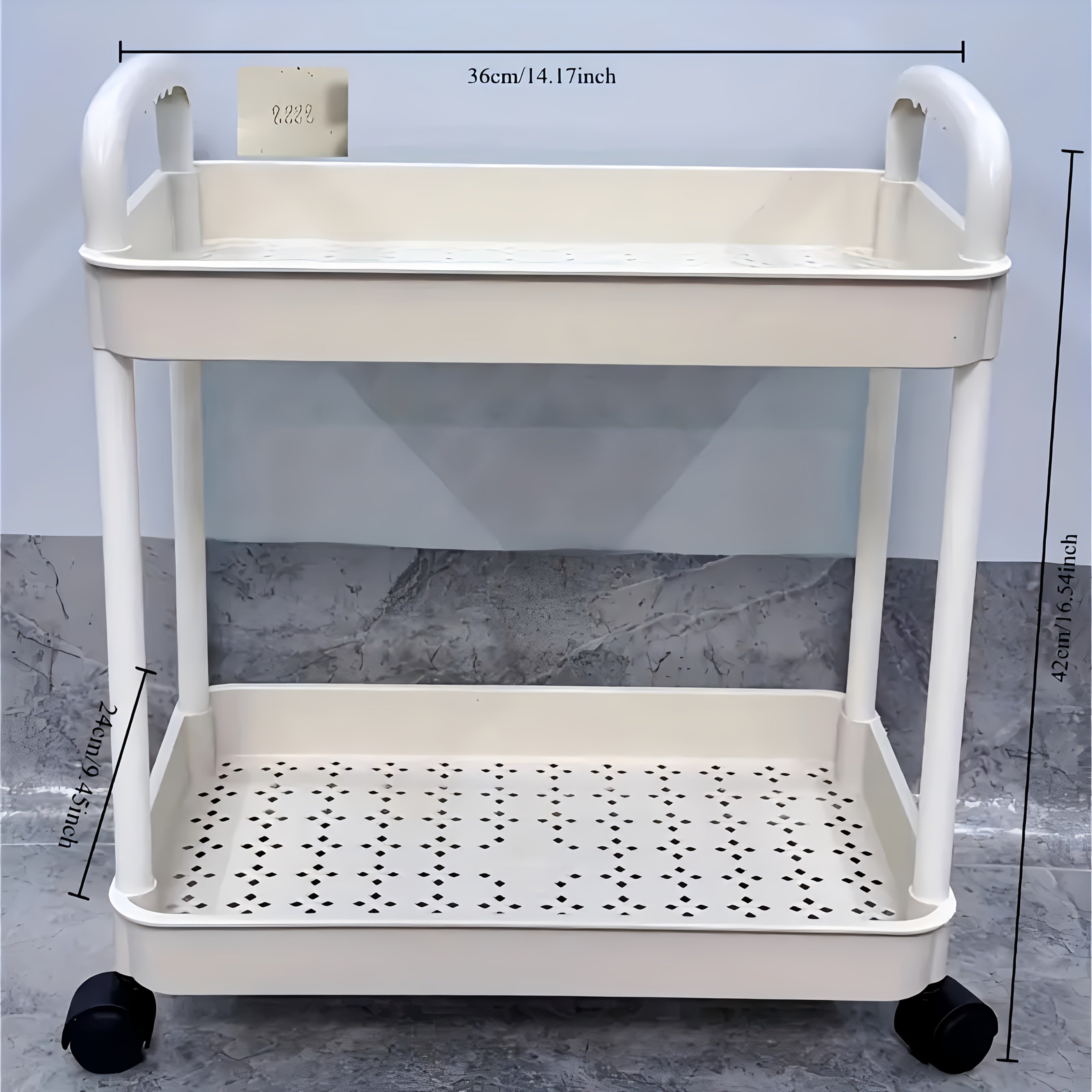 White Plastic 2-Tier Rolling Utility Cart with Hooks for Office Dorm Bathroom