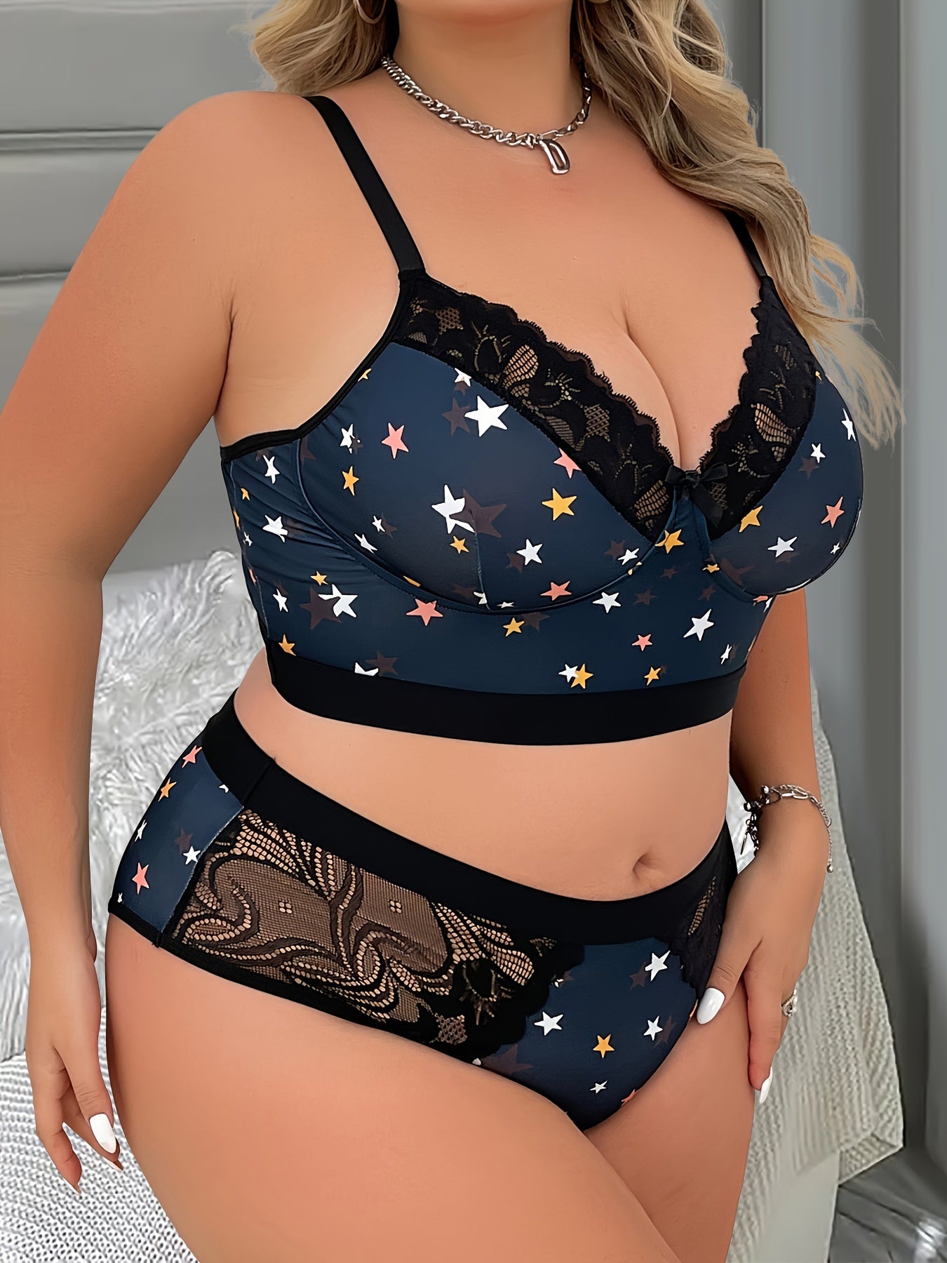 Women's Plus Size Lingerie Set Star Print Lace Bra and Panty 2 Piece