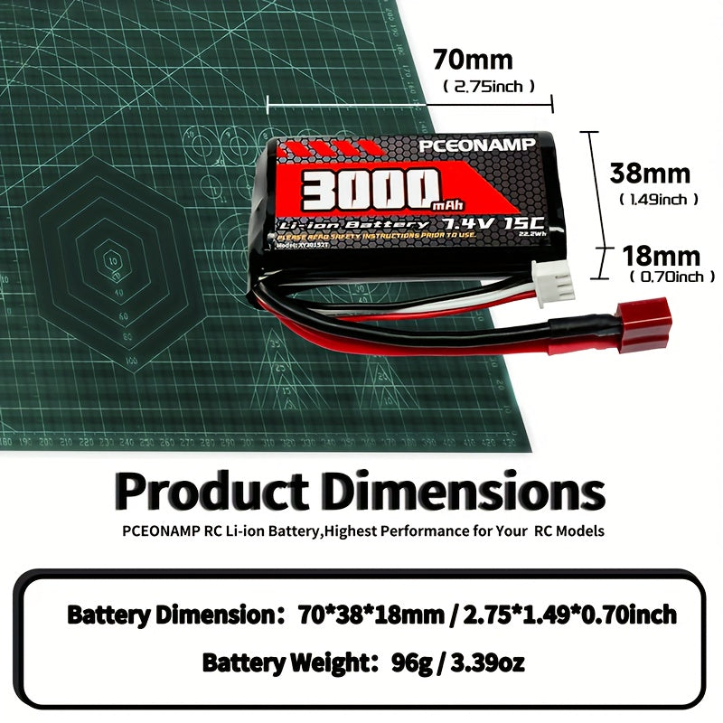 7.4V 3000mAh 2S Li-Ion RC Battery for 1/10 1/12 1/16 Scale RC Cars and Trucks