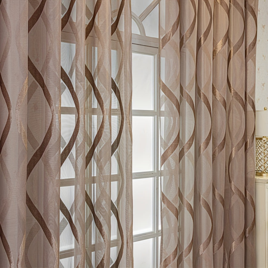 European Coffee Ribbon Curtains Set of 2 Modern Sheer Drapes Grommet Top UV Protection