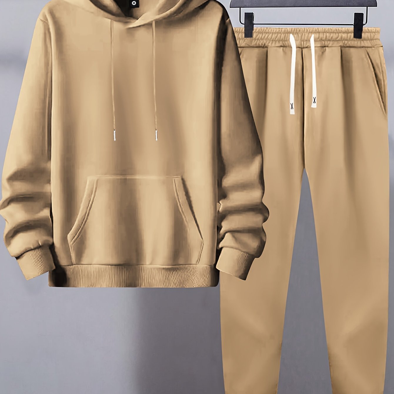 Men's Polyester Sweatsuit Set Hooded Sweatshirt and Joggers with Pockets Solid Color Regular Fit for Spring Fall