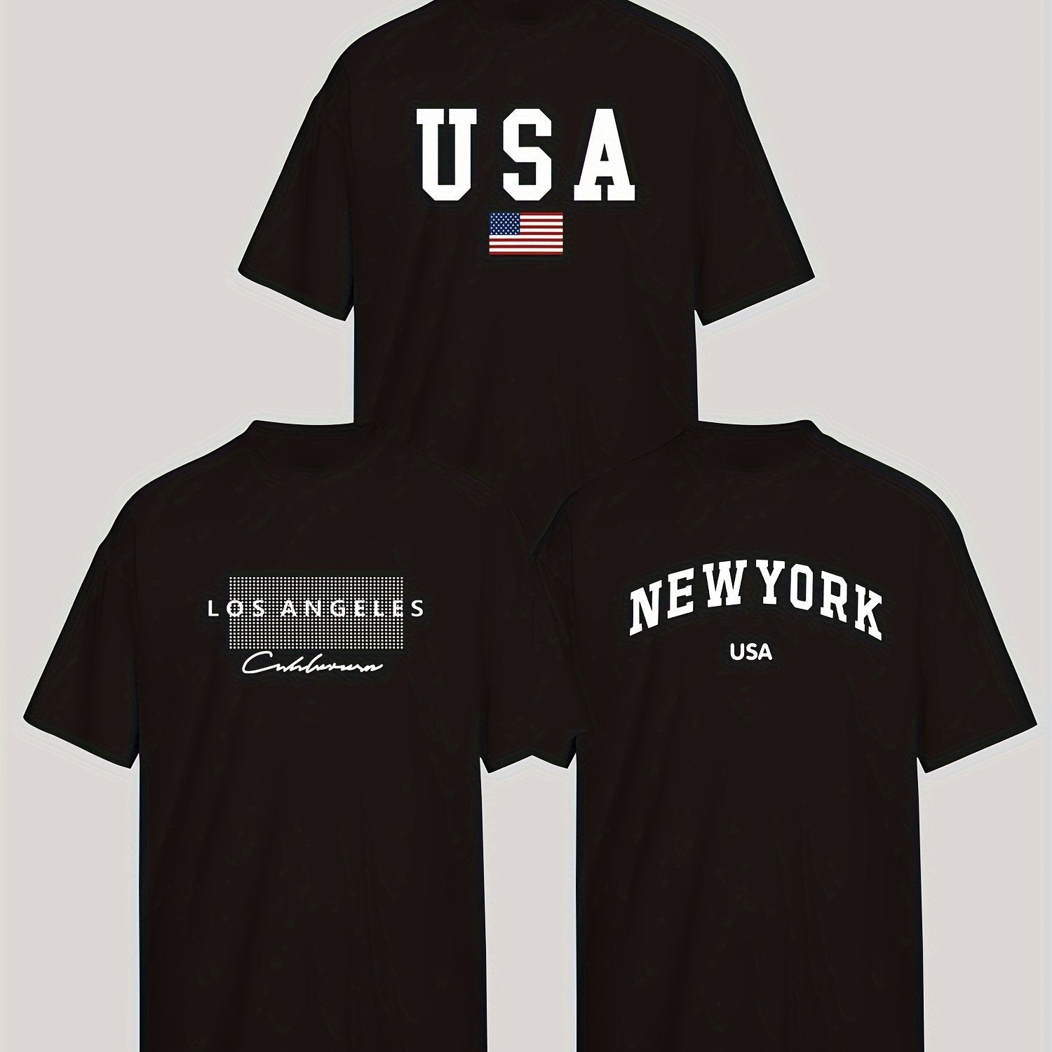 Men's and Women's Short Sleeve T-Shirts Set of 3 with Los Angeles, New York, USA Prints Breathable Polyester