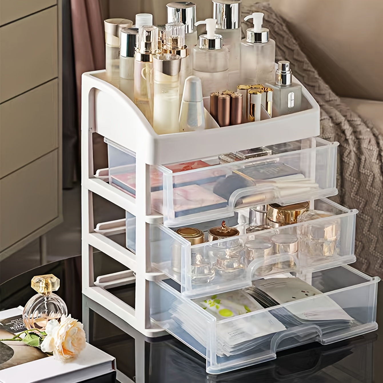 4-Tier Expandable Cosmetic Organizer Plastic Bathroom Vanity Desk Storage