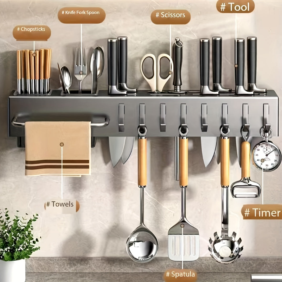 Carbon Steel Wall-Mounted Utensil Holder with Towel Bar and Drain Basket