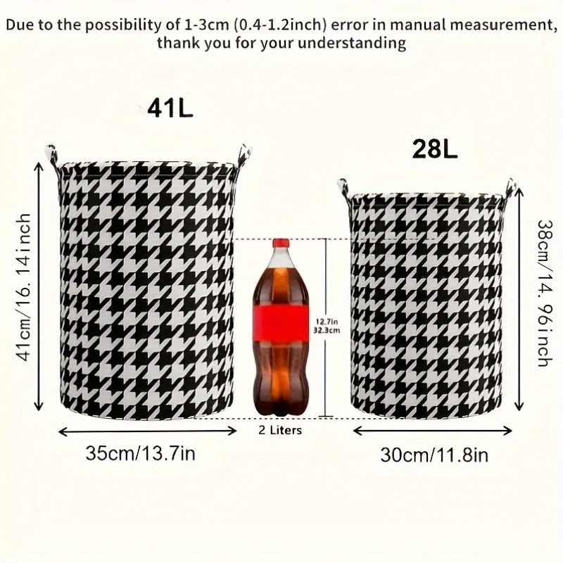 Round Houndstooth Pattern Fabric Laundry Basket with Handles Multipurpose Storage Bin for Clothes Toys Snacks