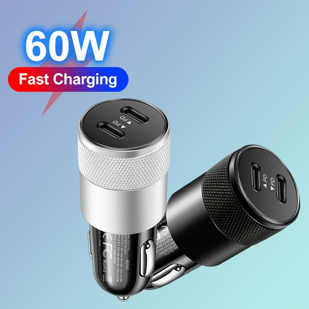 Dual USB-C Car Charger 60W Fast Charging Adapter with Quick Charge 3.0