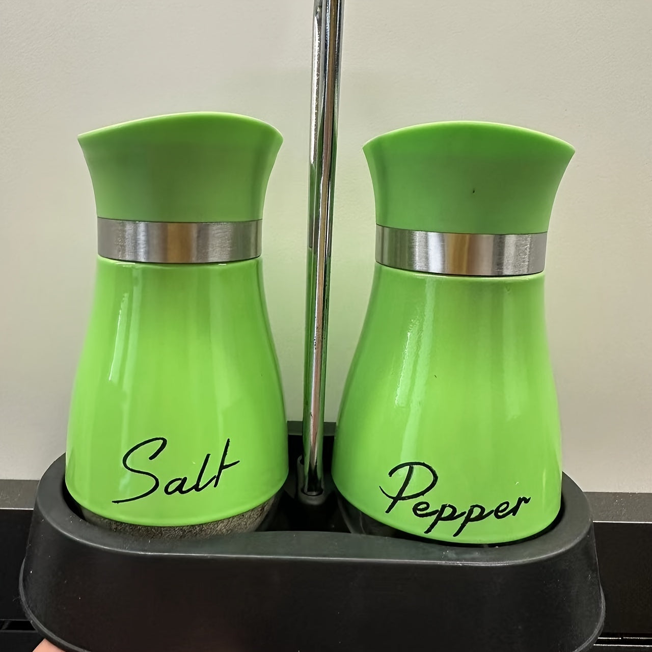 Set of 2 Glass Salt and Pepper Shakers with Holder, 4 oz Refillable Stainless Steel Lids