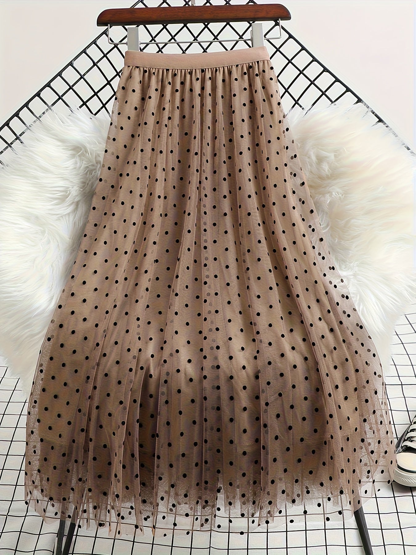 Falda midi de lunares de talla grande para mujer en línea A, con malla ligera y flocked