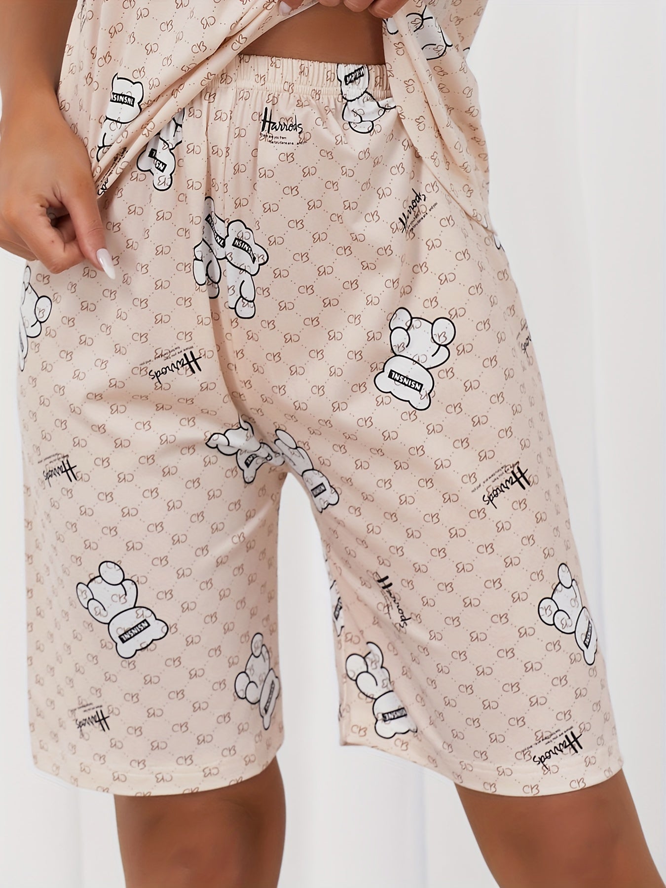Women's Summer Sleepwear Set with Bear and Letter Print Short Sleeve Top and Capri Pants