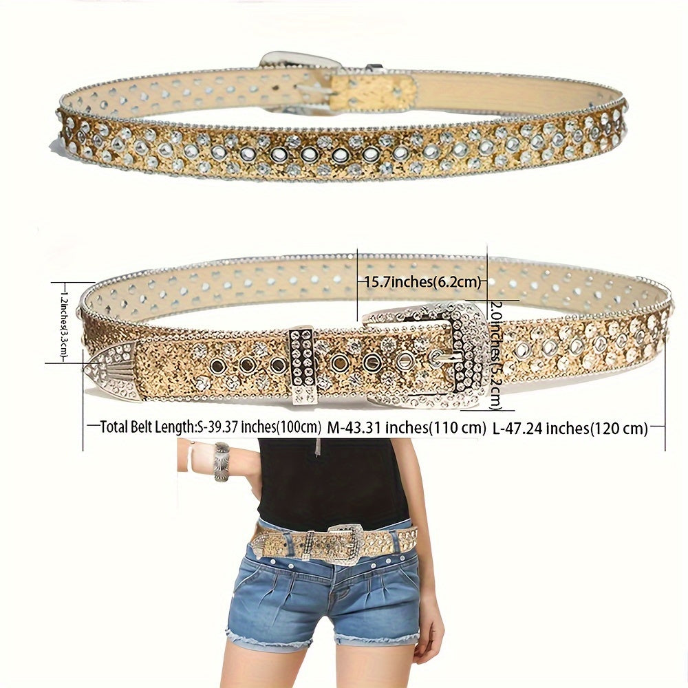 Men Women PU Belt Water Drill Skull Rivet Solid Color Stylish Accessory