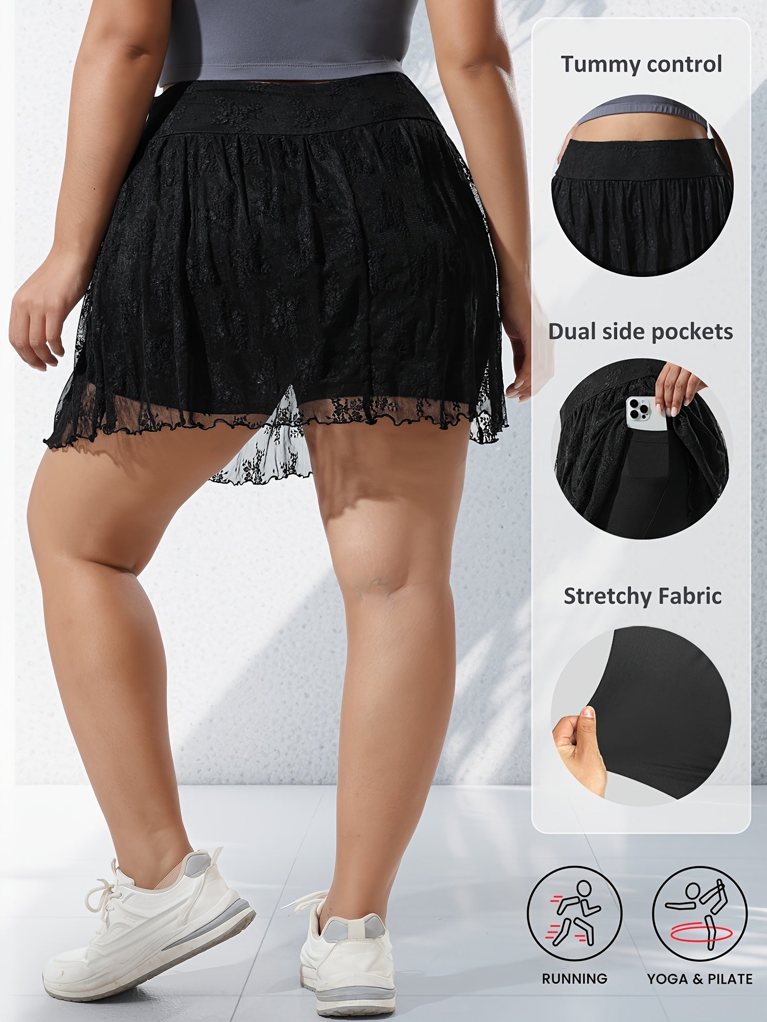 Plus Size Women's Flared Lace-Trimmed Skirt Shorts with Pockets for Casual & Yoga