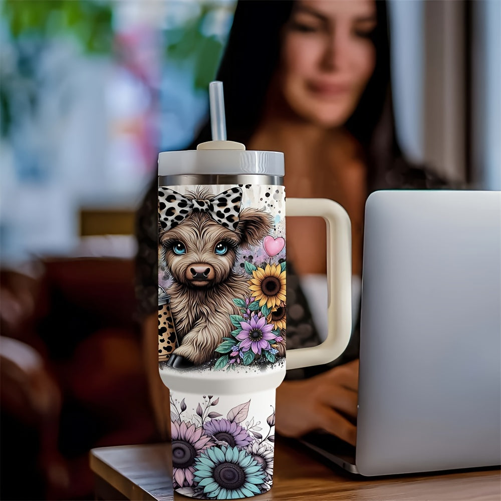 Stainless Steel Travel Mug with Handle and Straw Highland Cow Sunflower Design