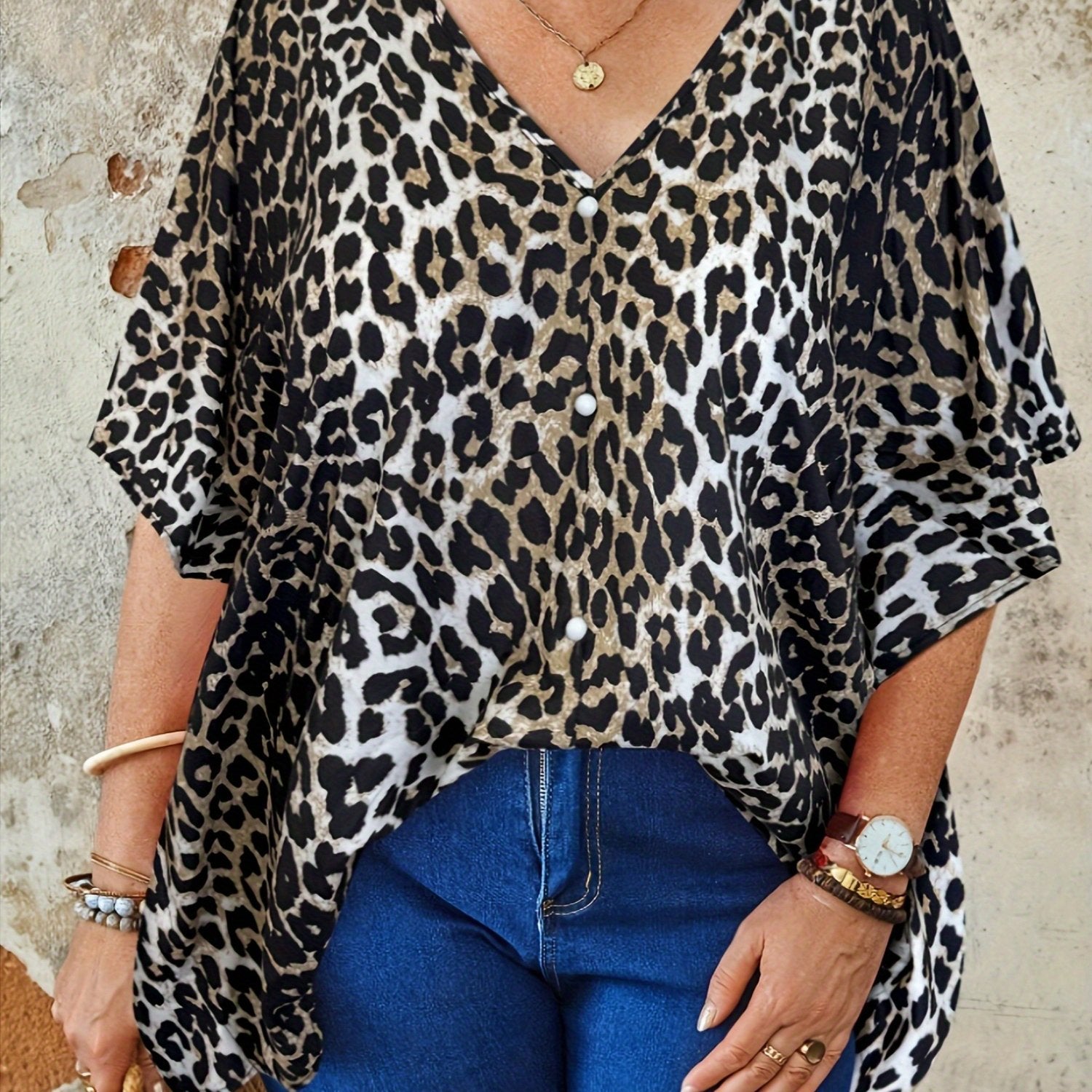 Women Plus Size V-Neck Casual Blouse Non-Stretch Fabric All Seasons