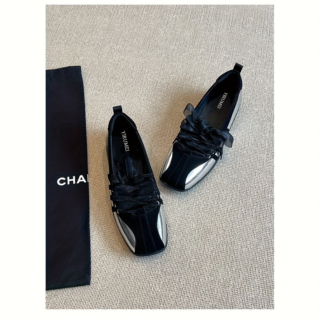 Women's French-Inspired Mary Jane Flats Square Toe Lace-Up Shoes Black White