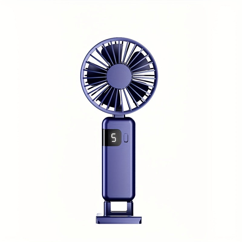 Portable Handheld Fan with LED Display, 5-Speed, Foldable, USB Rechargeable