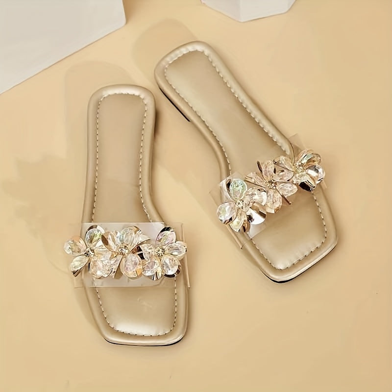 Women's Rhinestone Floral Slip-On Sandals with Square Toe and Flat Soft Sole