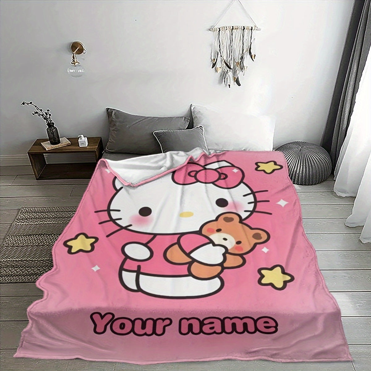 Personalized Hello Kitty Cartoon Flannel Blanket Soft Warm Decorative Gift