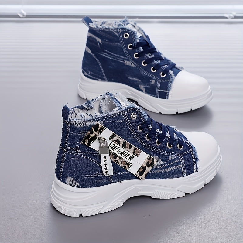 Women's Denim High-Top Sneakers with Zipper, Thick Sole, Comfortable Insole