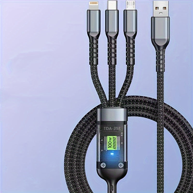 100W 3-in-1 Fast Charging Cable Nylon Round Matte USB to Lightning Micro Type-C Data Transmission