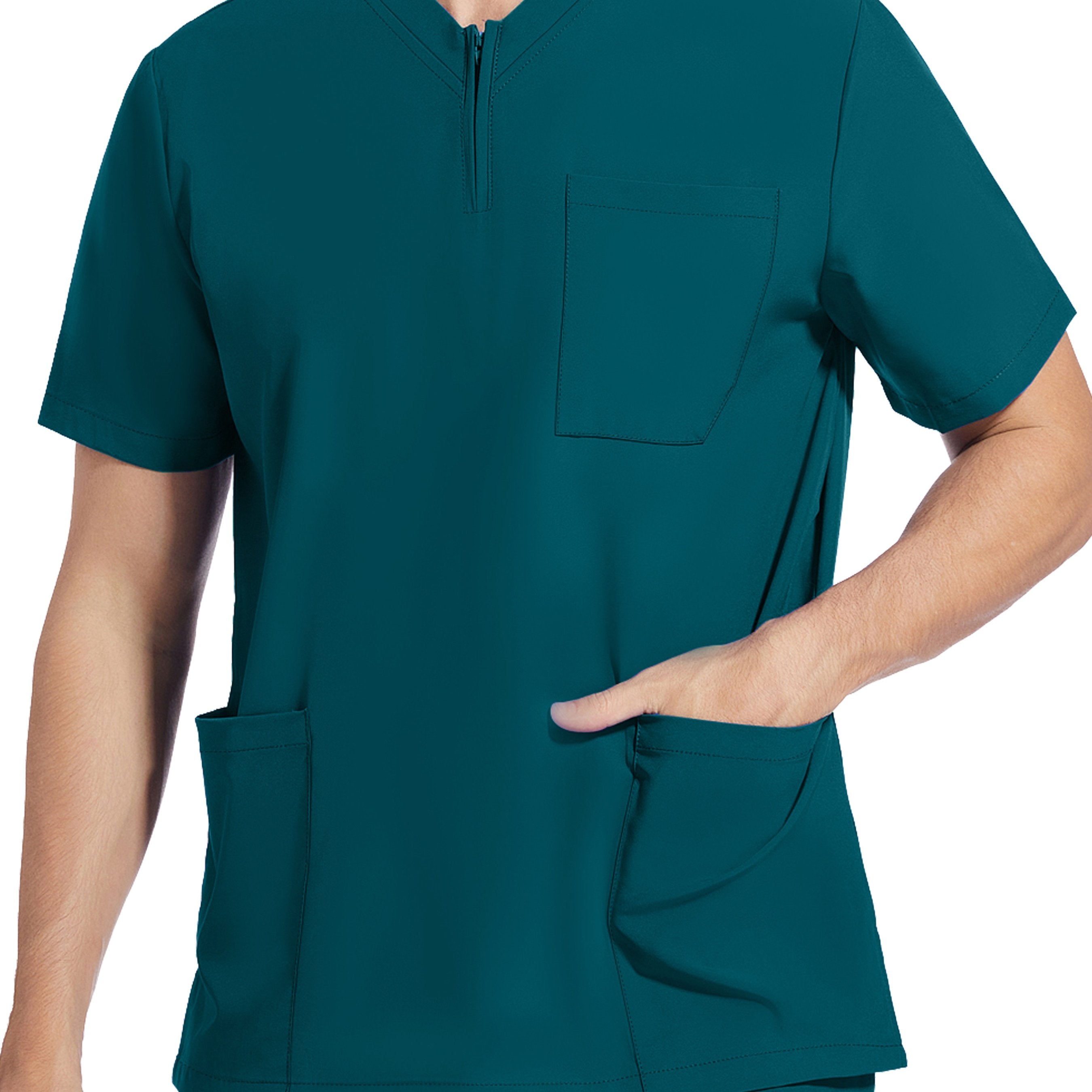 Men's Short Sleeve Stretch Work Uniform Lab Shirt with Pockets V-Neck Polyester