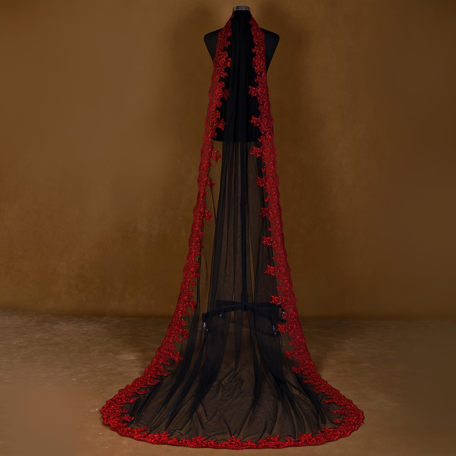 Velo de novia con peine de 3 m de largo, negro burdeos, con bordado, accesorio de boda