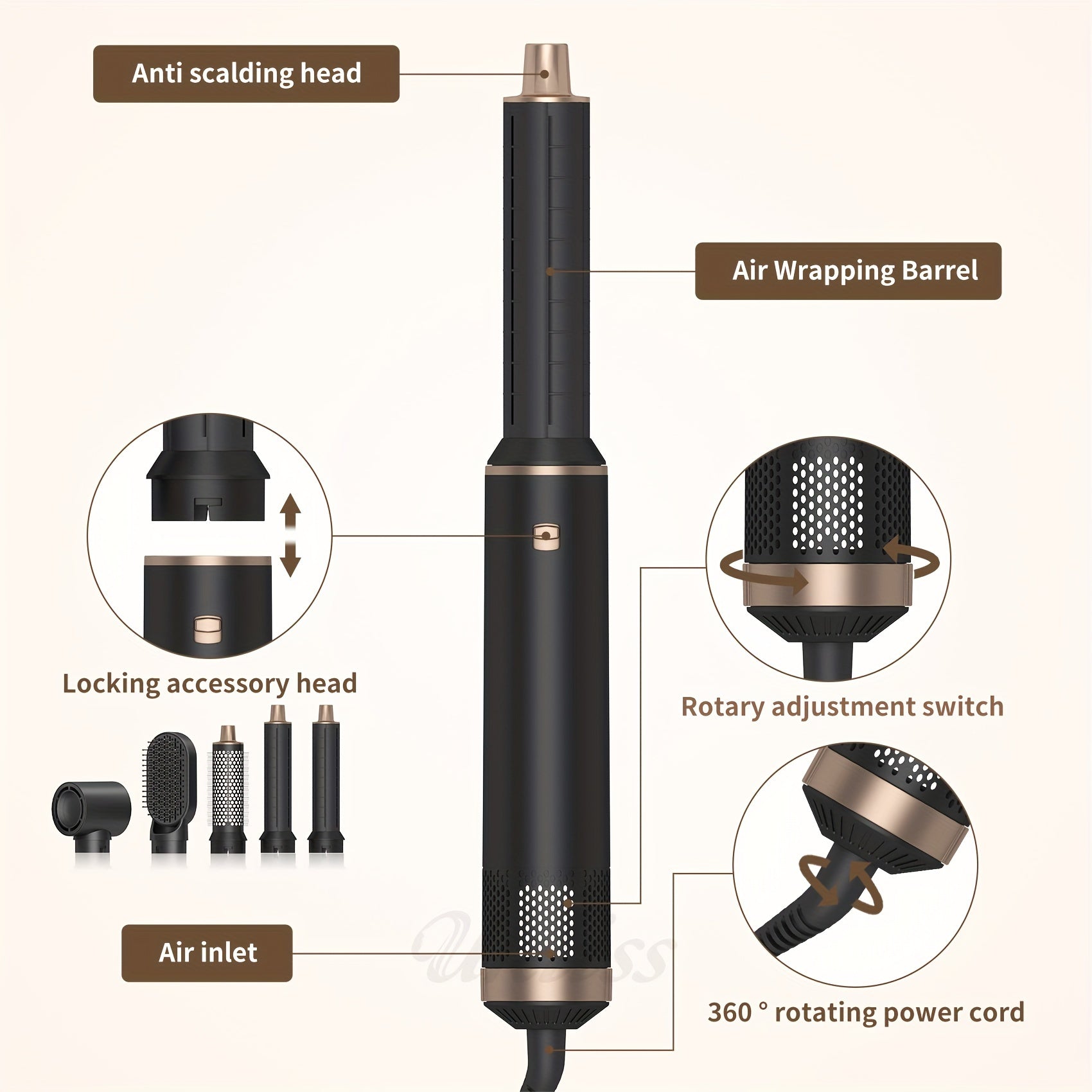 5-in-1 Hot Air Brush 800W 110000 RPM Hair Dryer Curling Styler EU Plug