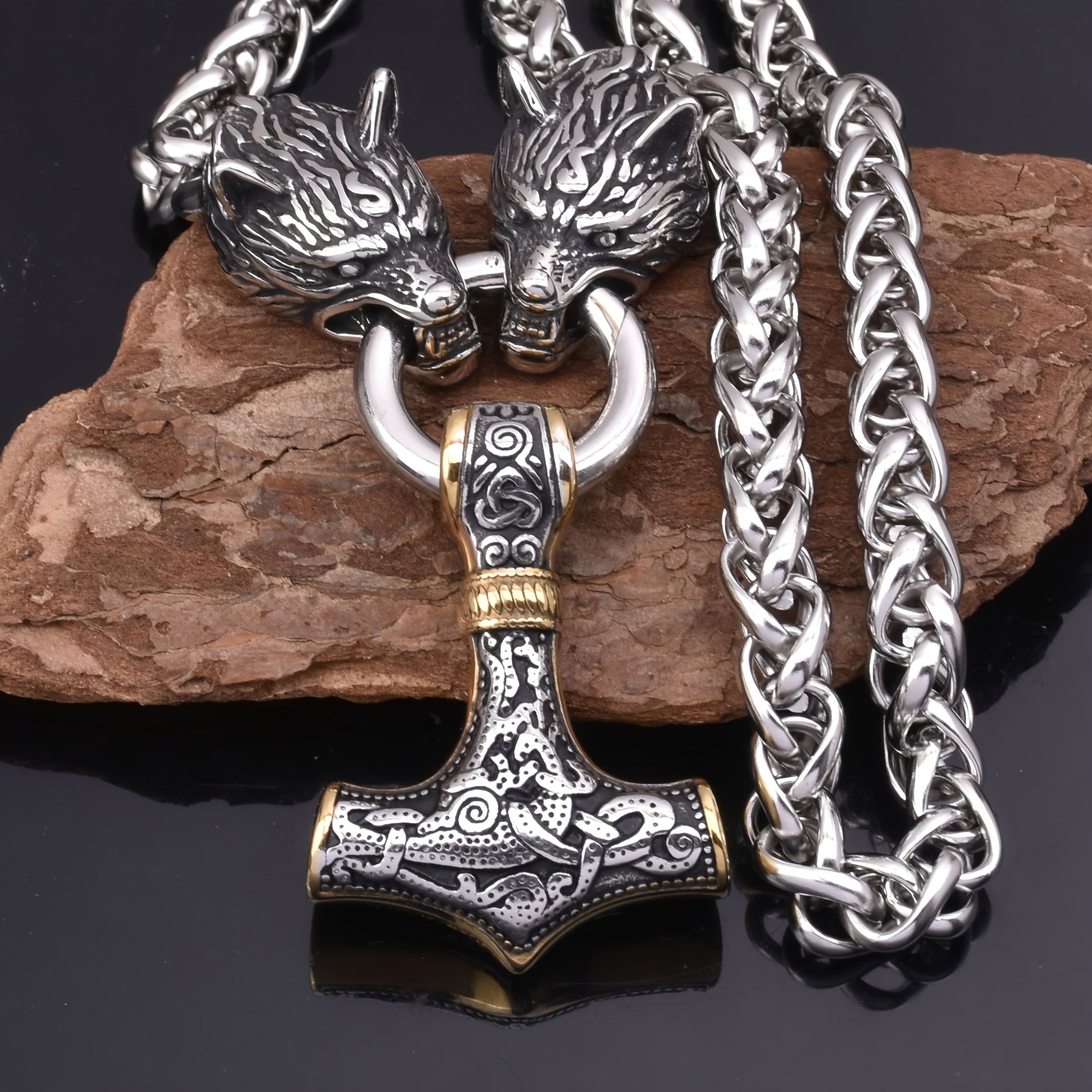Gold Wolf Head Thor's Hammer Pendant Necklace Men Viking Jewelry