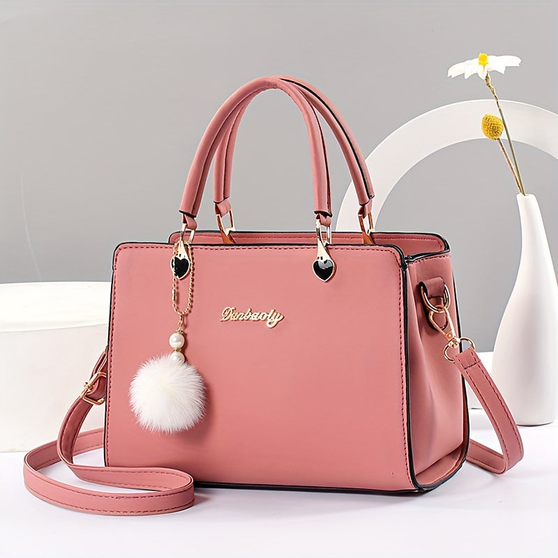 Solid Color Faux Leather Crossbody Handbag with Pompom Charms for Women