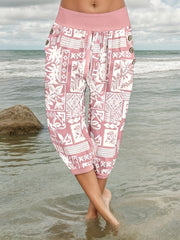 Plus Size Women's Floral Print Bermuda Shorts with Pockets Black White