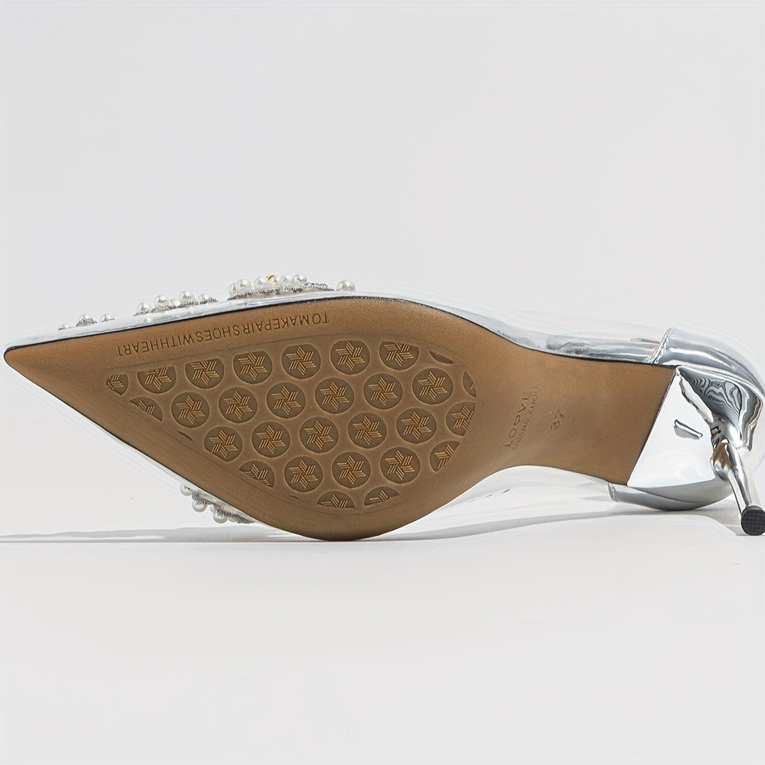 Women's Transparent Flower Decorated Pointed Toe High Heels Spring Autumn Wedding Shoes