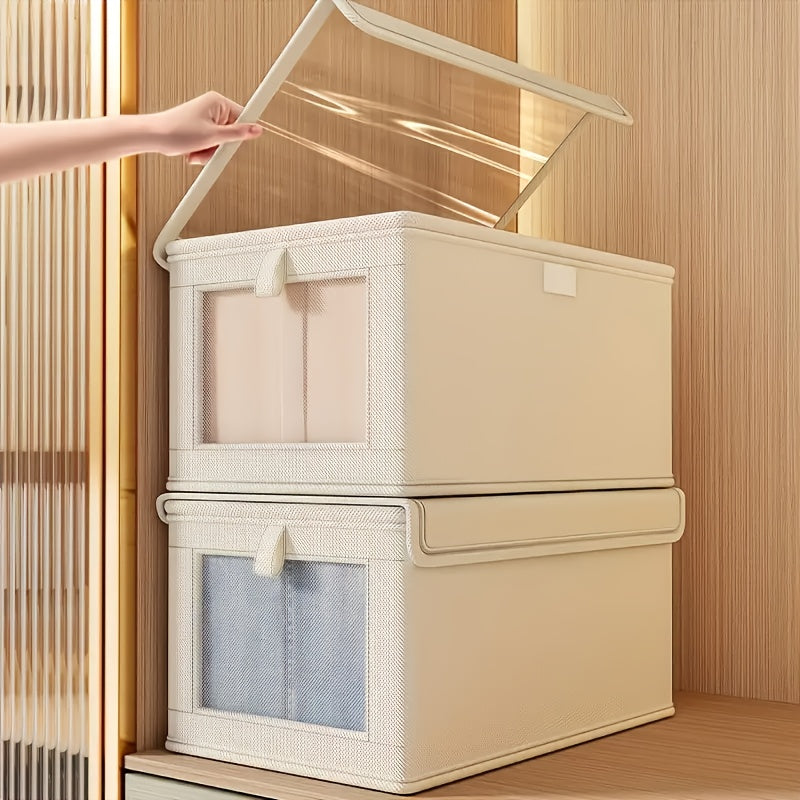 Caja de almacenamiento plegable de tela Oxford beige con ventana transparente para ropa y artículos del hogar